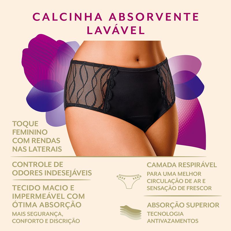 TENA Calcinha Absorvente Lavável Preta - Proteção Discreta