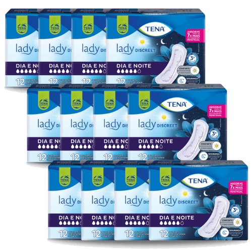 CAIXA COM 12 PACOTES DE ABSORVENTE TENA LADY DISCREET DIA E NOITE