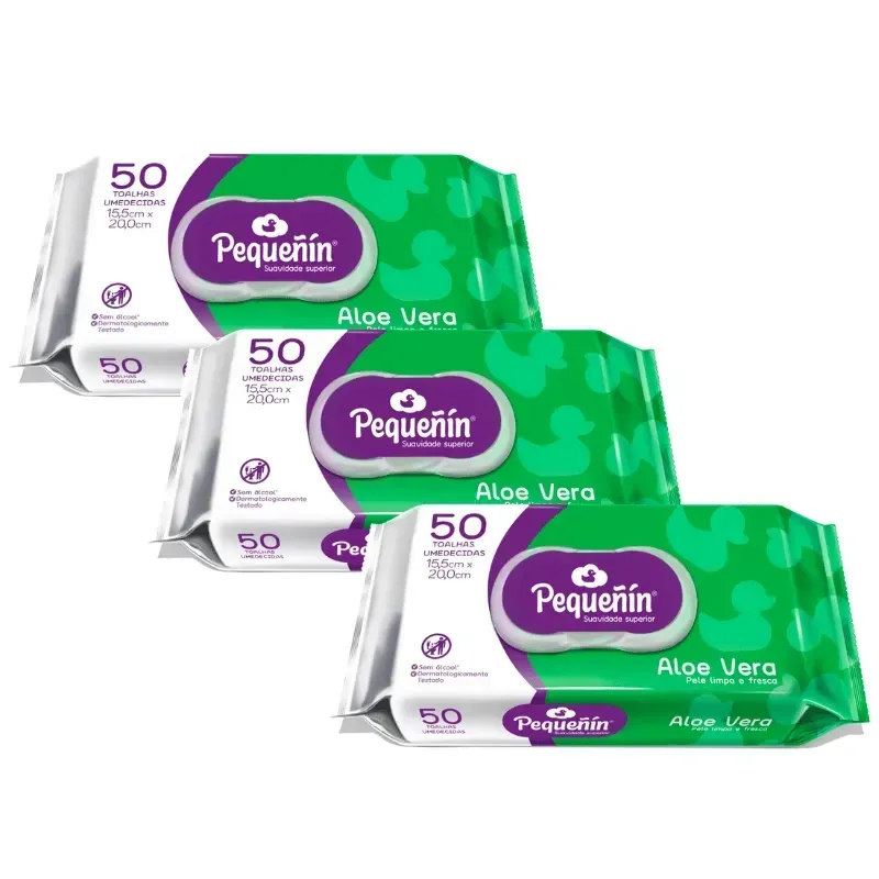 KIT 150 UNIDADES TOALHAS UMEDECIDAS PEQUEÑIN ALOE VERA